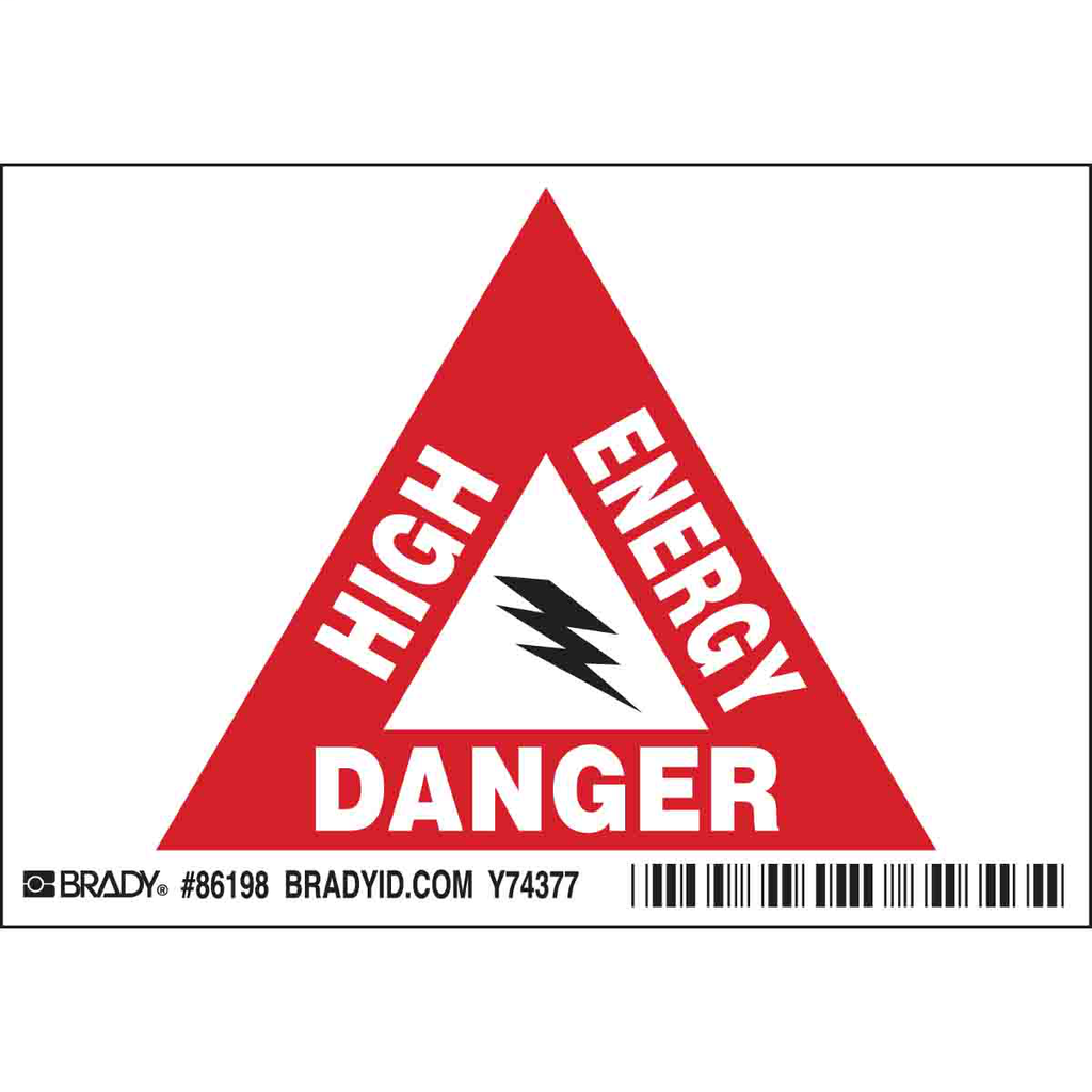Product image for Brady 86198 HIGH ENERGY DANGER Labels, 3.5" H x 5" W x 0.006" D, Black/Red on White