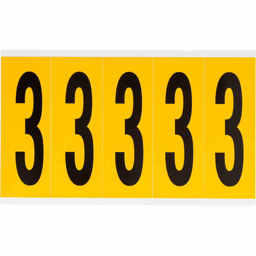 Product image for Brady 1560-3 15 Series Pressure Sensitive Vinyl Number Labels - 3.875" H, Black on Yellow, 3
