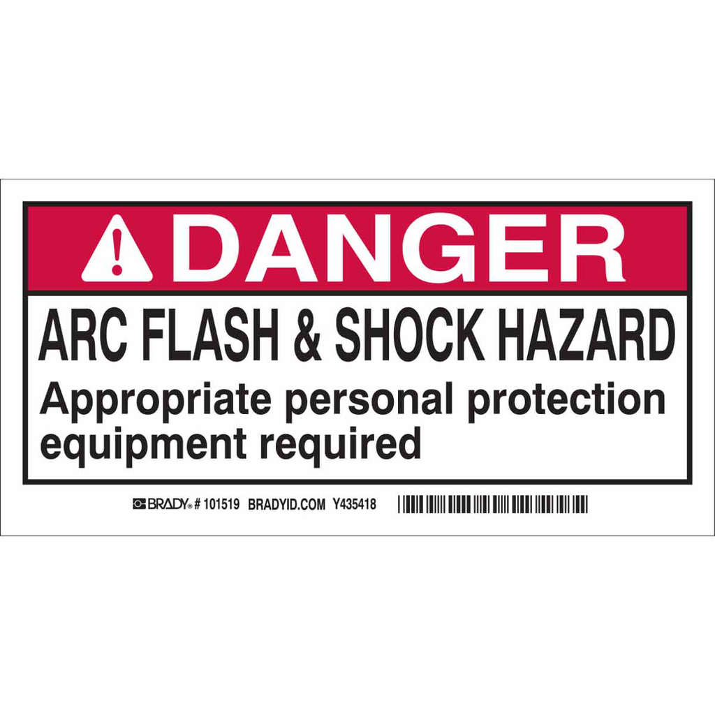 Product image for Brady 101518 Arc Flash Labels - Self-Sticking Polyester, 2" H x 4" W x 0.006" D, Roll of 100 Labels, Black/Red on White
