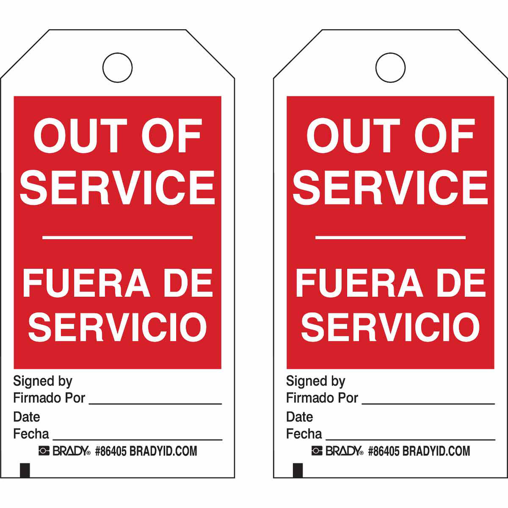 Product image for Brady 86524 Accident Prevention Tags: OUT OF SERVICE FUERA DE SERVICIO, 5.75" H x 3" W