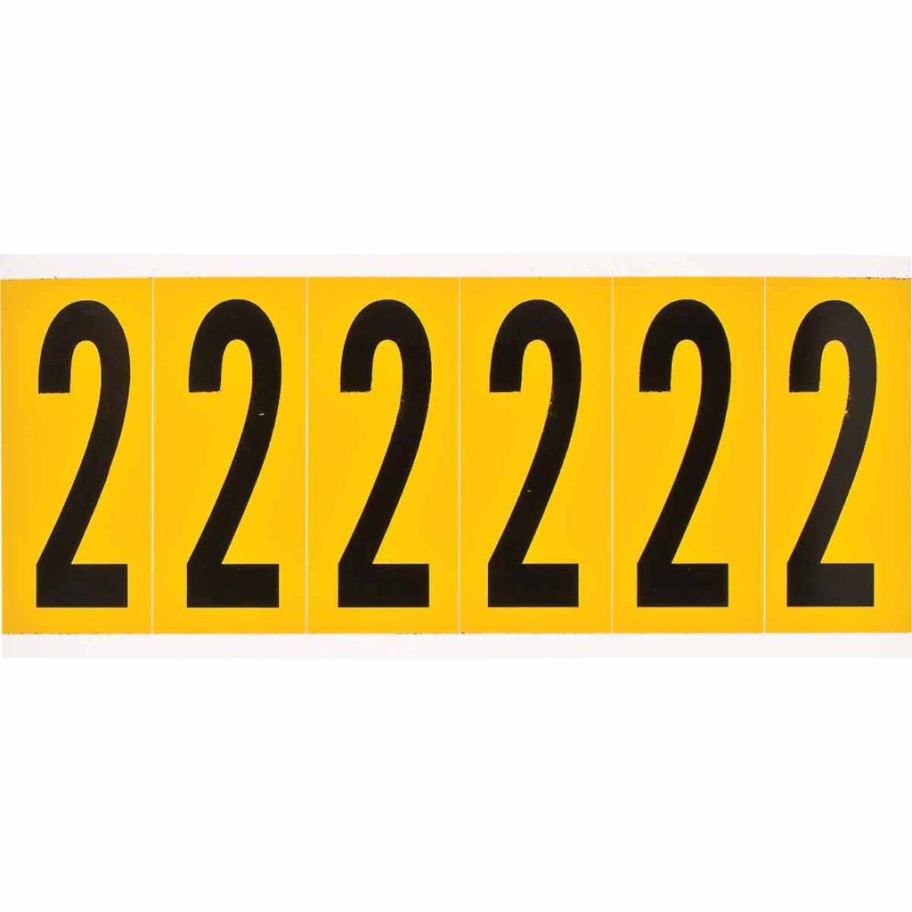Product image for Brady 1550-2 15 Series Pressure Sensitive Vinyl Number Labels - 2.938" H, Black on Yellow, 2