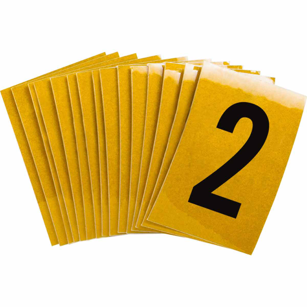 Product image for Brady 5920-2 5920 Reflective Number and Letter Labels, 1.5" H x 1" W, Pack of 25 Labels, Black on Yellow, 2