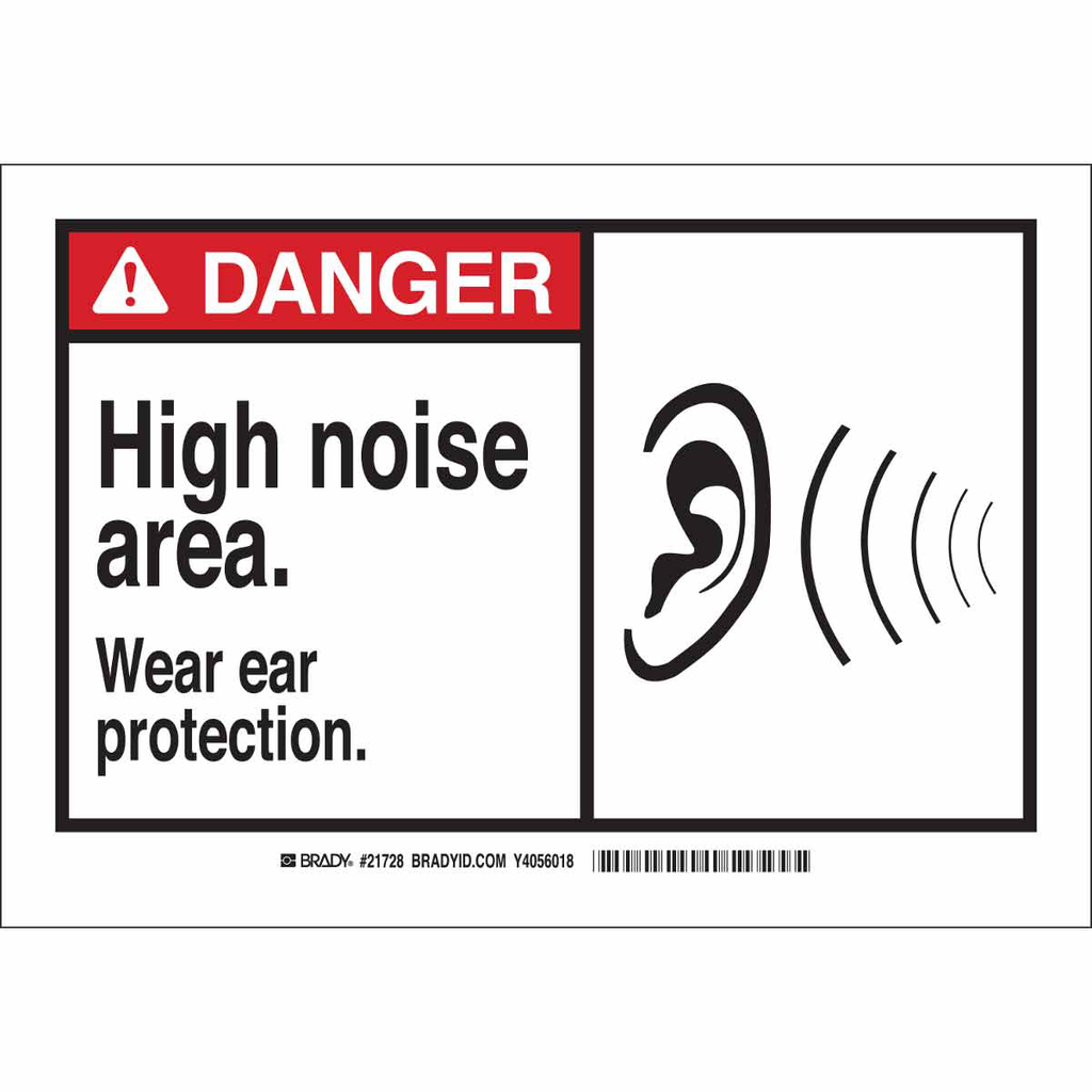 Product image for Brady 83901 DANGER High Noise Area. Wear Ear Protection. Sign, 3.5" H x 5" W x 0.006" D, Polyester