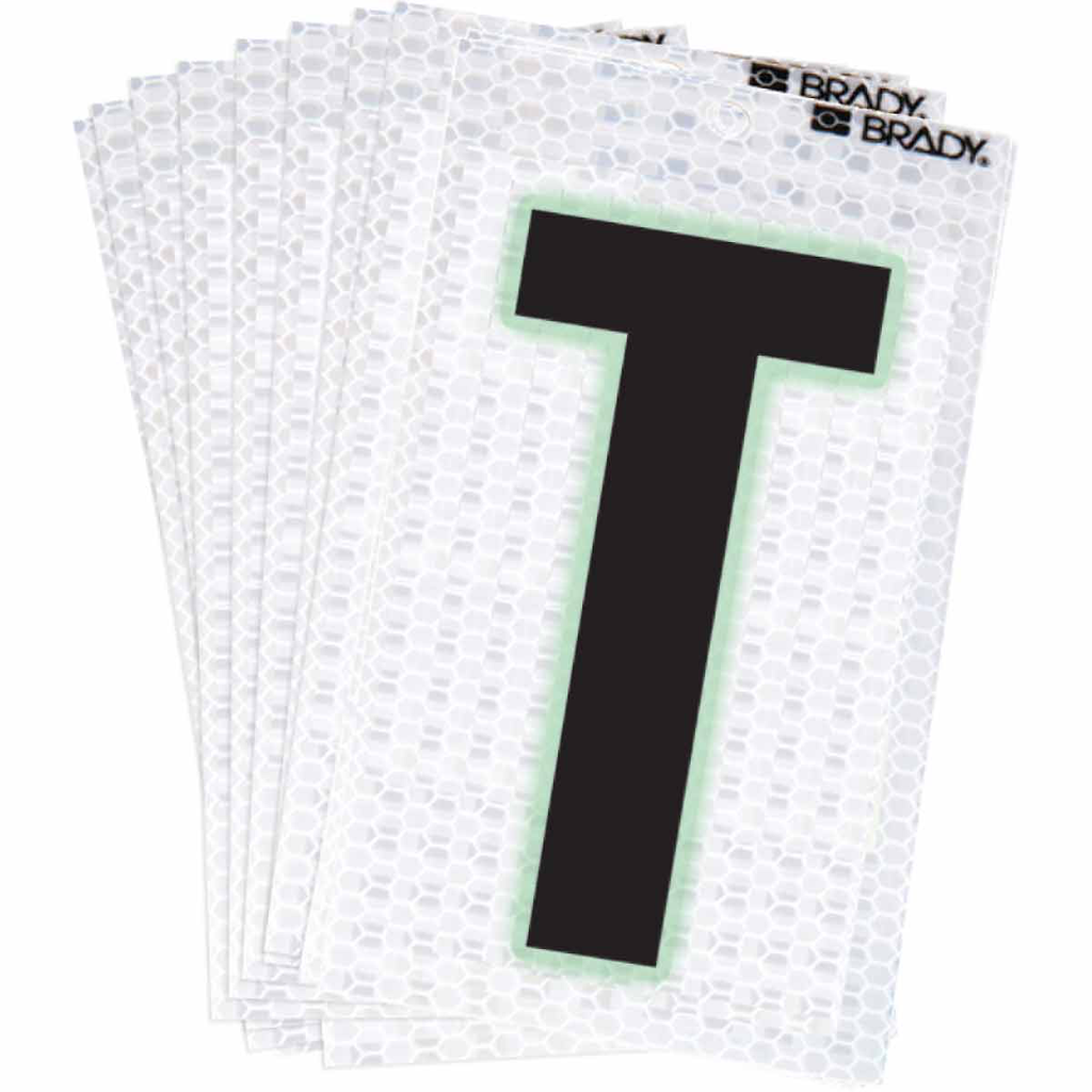 Product image for Brady 3000-T 3000 Series Glow in the Dark Number and Letter Labels, Black/Green Glow on Silver, Pack of 10 Labels, T
