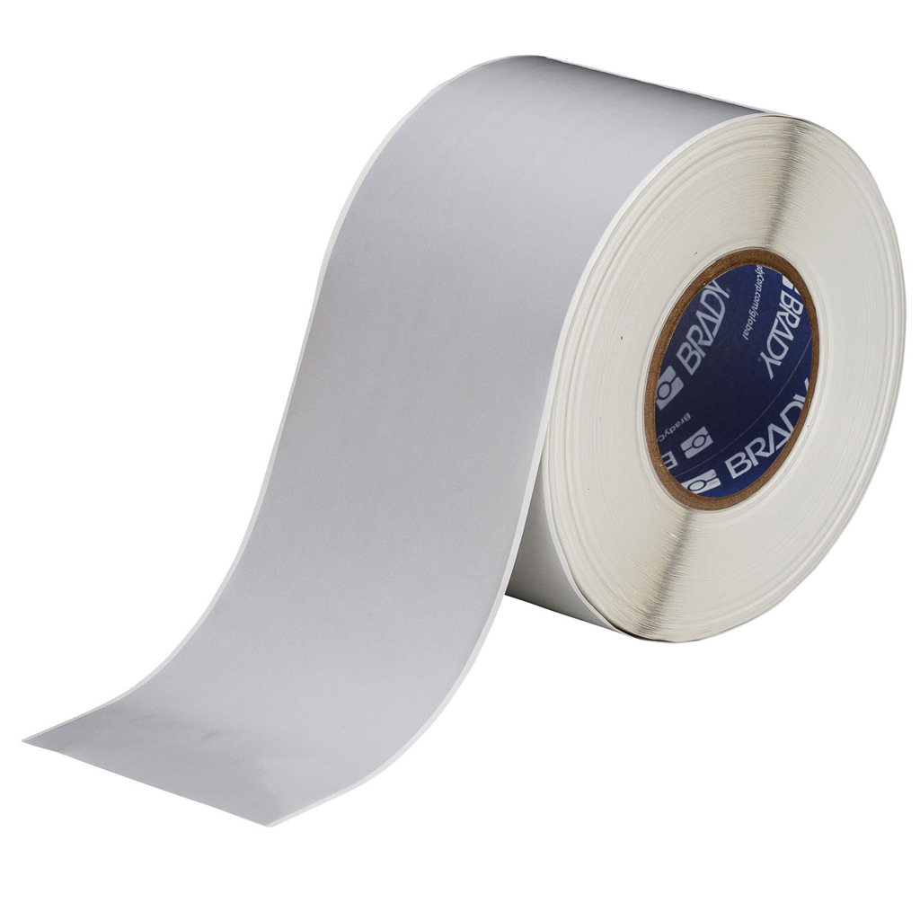 Product image for Brady THT-107-480 Metal Polyester Labels, 4" W x 300' L, Metal, Light Gray, Rubber Adhesive