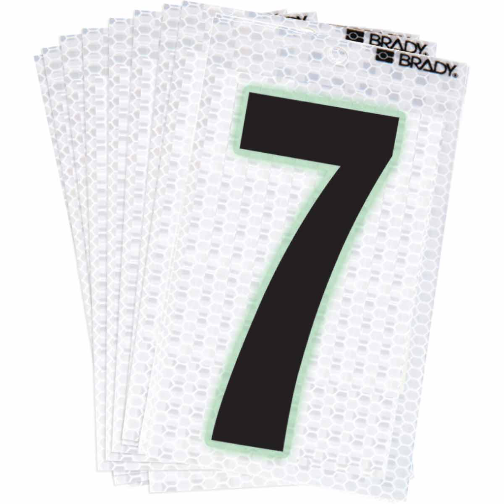 Product image for Brady 3000-7 3000 Series Glow in the Dark Number and Letter Labels, Black/Green Glow on Silver, Pack of 10 Labels, 7