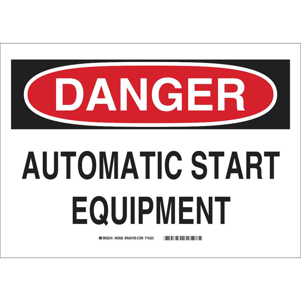 Product image for Brady 42469 DANGER Automatic Start Equipment Sign, 10" H x 14" W x 0.035" D, Aluminum