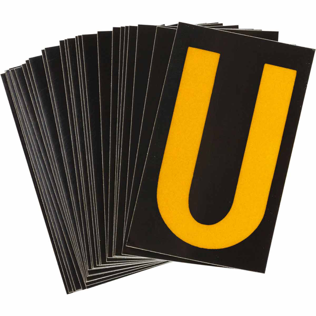 Product image for Brady 5000-U 5000 Series Reflective Number and Letter Labels, 2.875" H x 1.75" W, Pack of 25 Labels, Yellow on Black, U