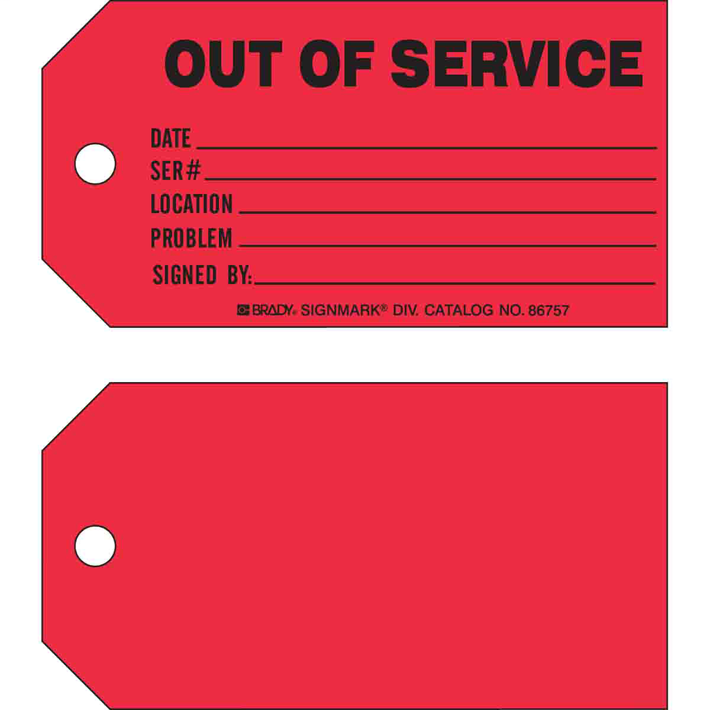 Product image for Brady 86757 OUT OF SERVICE Production Tag, DATE: SER#: LOCATION: PROBLEM: SIGNED BY: