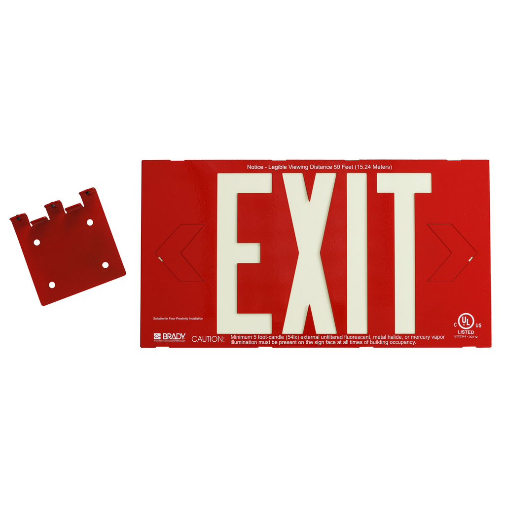Product image for Brady 90840B BradyGlo Exit Sign, 8.25" H x 15.25" W x 0.25" D, Double Faced Sign w/Bracket, Glow on Red