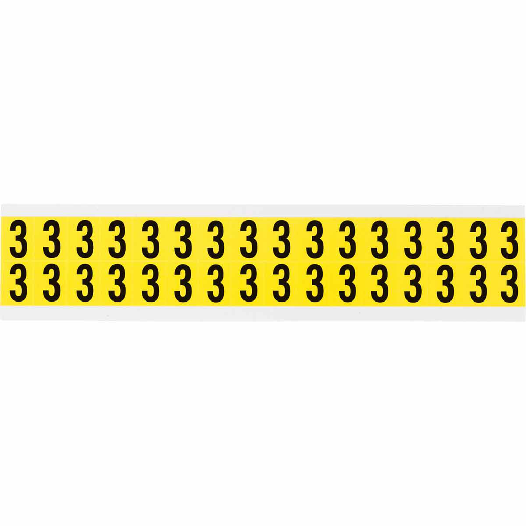 Product image for Brady 3420-3 Repositionable Vinyl 0.625 in Black on Yellow, Numbers 3 Card of 32 Labels
