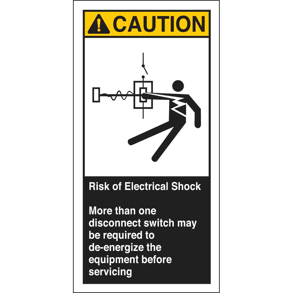 Product image for Brady 96175 RISK OF ELECTRICAL SHOCK MORE THAN ONE DISCONNECT Labels, 6" H x 3" W x 0.006" D, Black/Yellow on White