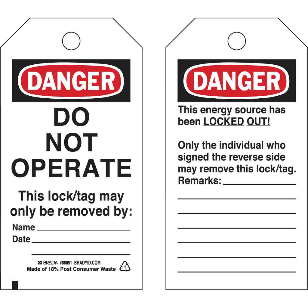 Product image for Brady 66051 Lockout Tags: DANGER: DO NOT OPERATE This lock/tag may only be removed by: Name: Date:, DANGER