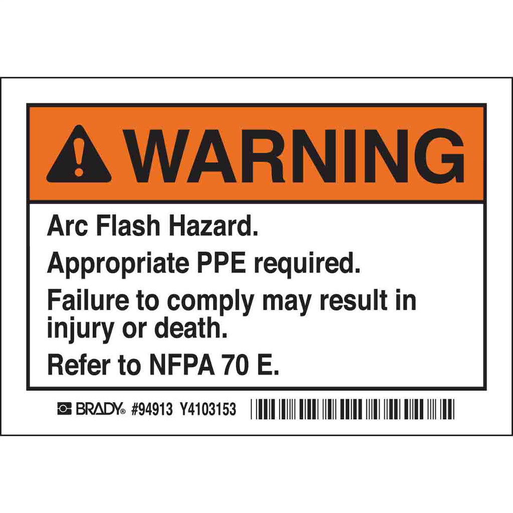 Product image for Brady EL-1 Arc Flash Labels - Self-Sticking Polyester, 3.5" H x 5" W x 0.006" D, Pack of 5 Labels, Black/Orange on White