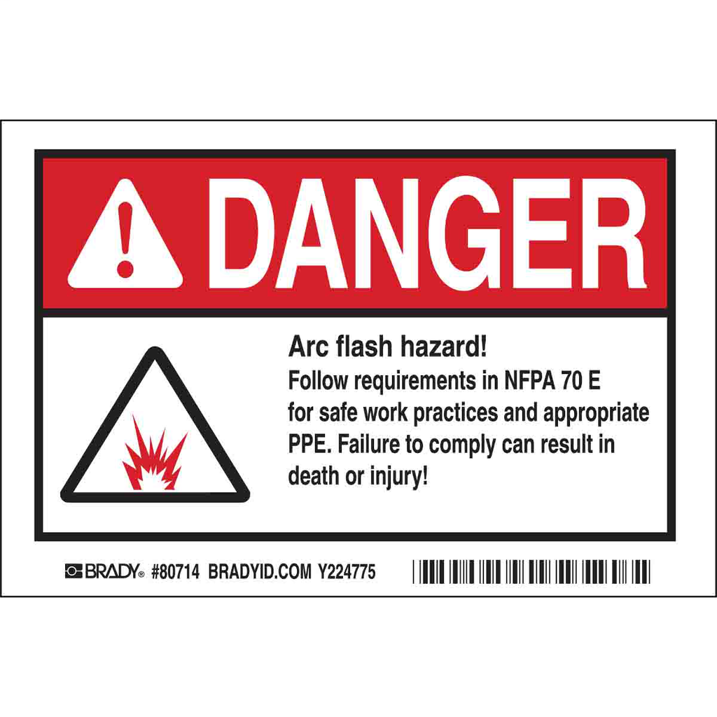 Product image for Brady EL-4 Arc Flash Labels - Self-Sticking Polyester, 4" H x 6" W x 0.006" D, Pack of 5 Labels, Black/Red on White