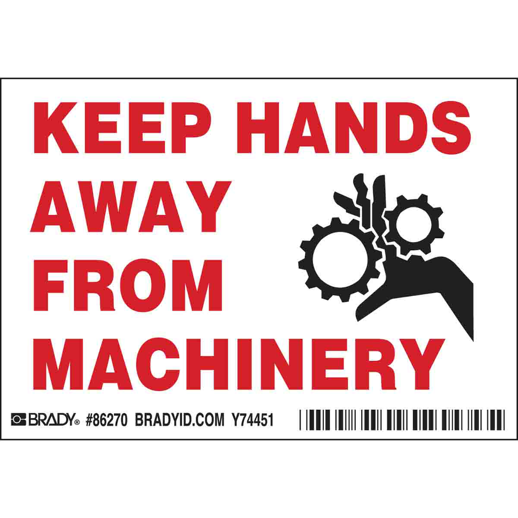Product image for Brady 86270 KEEP HANDS AWAY FROM MACHINERY Labels, 3.5" H x 5" W x 0.006" D, Black/Red on White