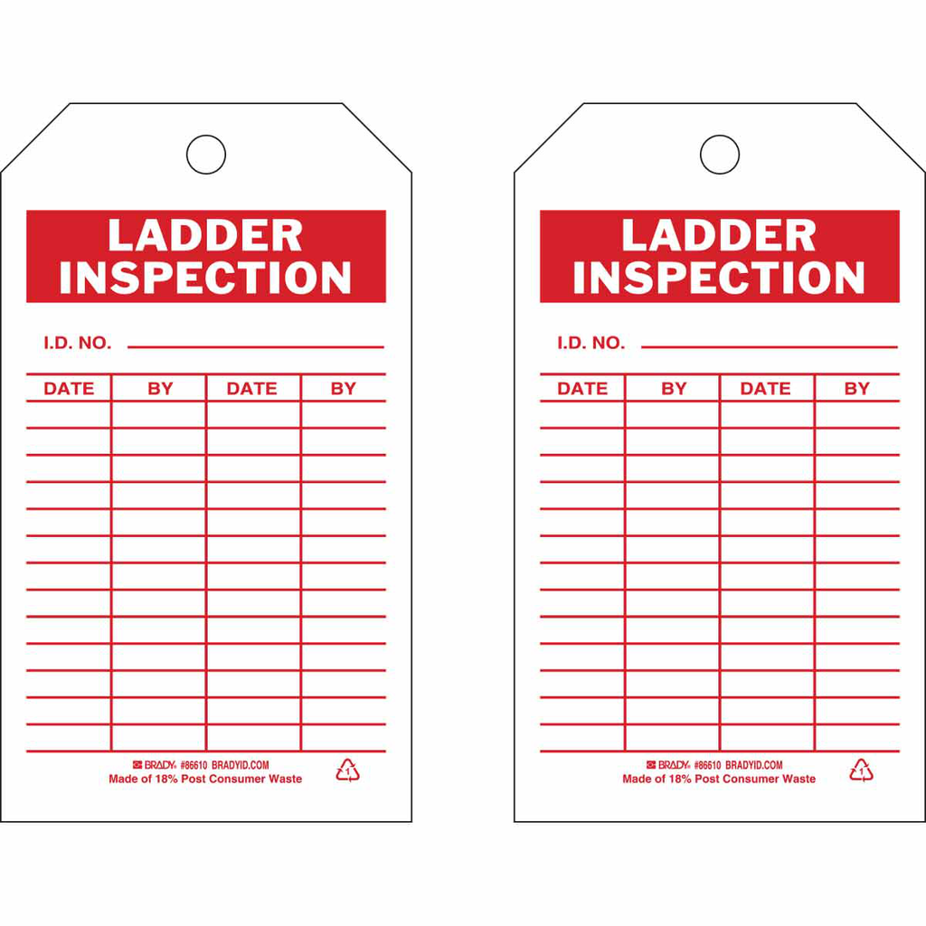 Product image for Brady 86610 Inspection & Material Control Tags, LADDER INSPECTION, 7" H x 4" W, Red on White