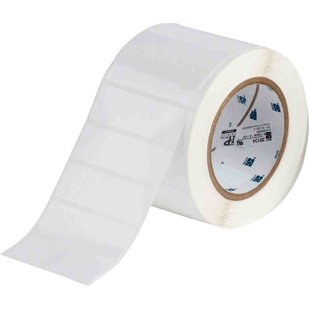 Product image for Brady THT-18-423-3 Glossy Polyester Labels, 1" H x 3" W, Roll of 3000 Labels, White
