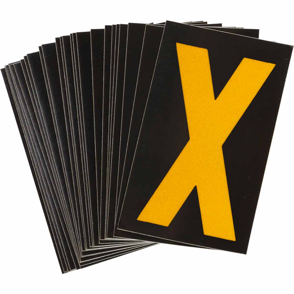 Product image for Brady 5000-X 5000 Series Reflective Number and Letter Labels, 2.875" H x 1.75" W, Pack of 25 Labels, Yellow on Black, X