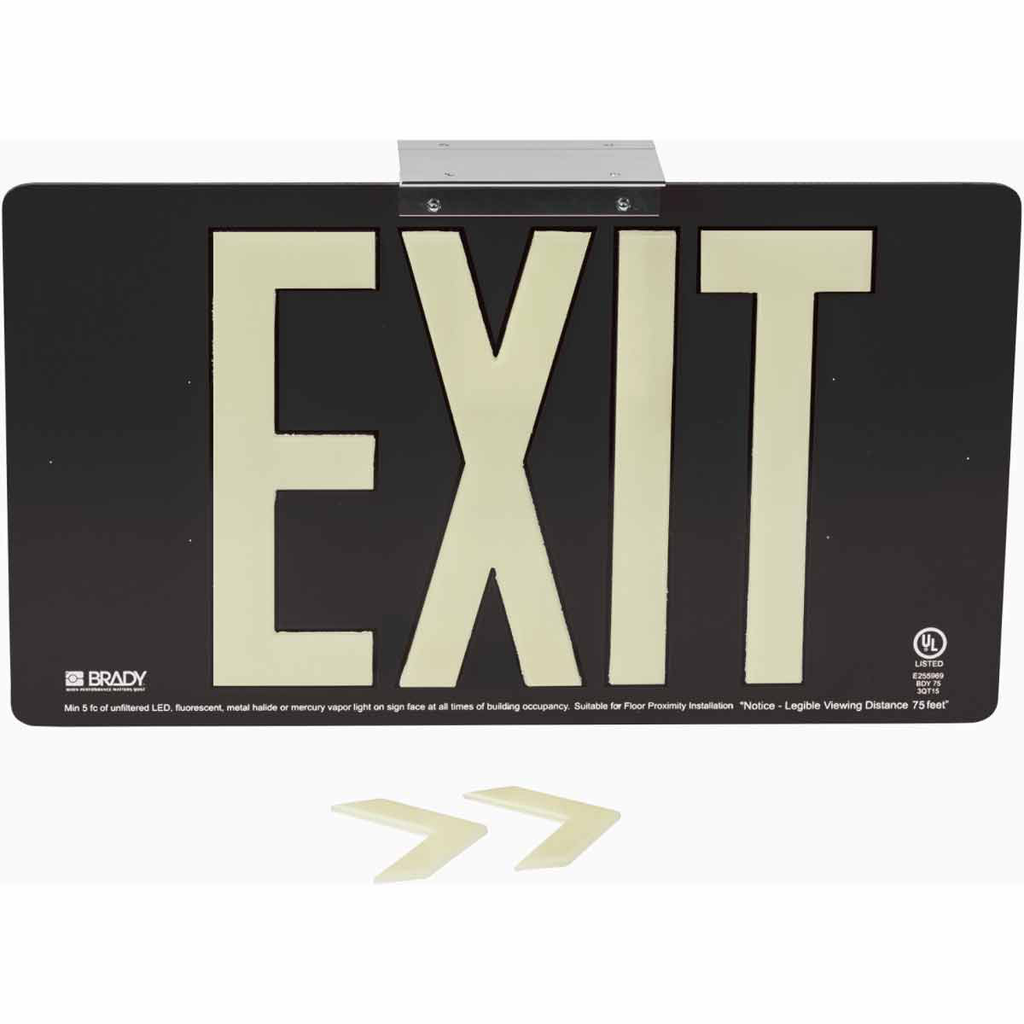 Product image for Brady 145525 BradyGlo Exit Sign, Black, 9" H x 15.75" W x .125" D, Single Sided, Bracket