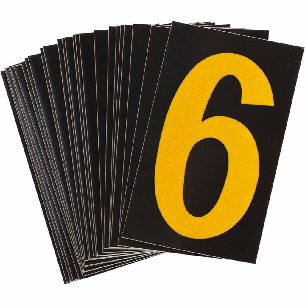 Product image for Brady 5000-6 5000 Series Reflective Number and Letter Labels, 2.875" H x 1.75" W, Pack of 25 Labels, Yellow on Black, 6