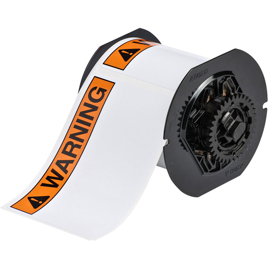 Product image for Brady B30-241-595-ANSIWA B30 Series Indoor/Outdoor Vinyl Labels with Header, 2.25" H x 3" W, Roll of 300 Labels, Black/Orange on White