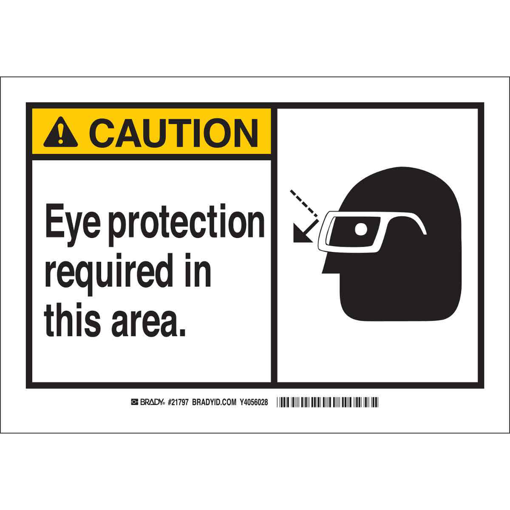 Product image for Brady 26572 CAUTION Eye Protection Required In This Area. Sign, 10" H x 14" W x 0.06" D, Polystyrene