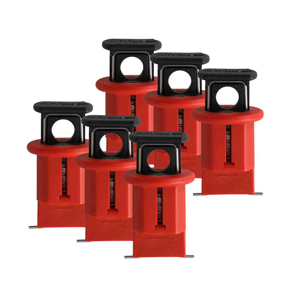 Product image for Brady 90851 Miniature Circuit Breaker Lockout Device, Pin-Out Wide (POW), 6/Pack