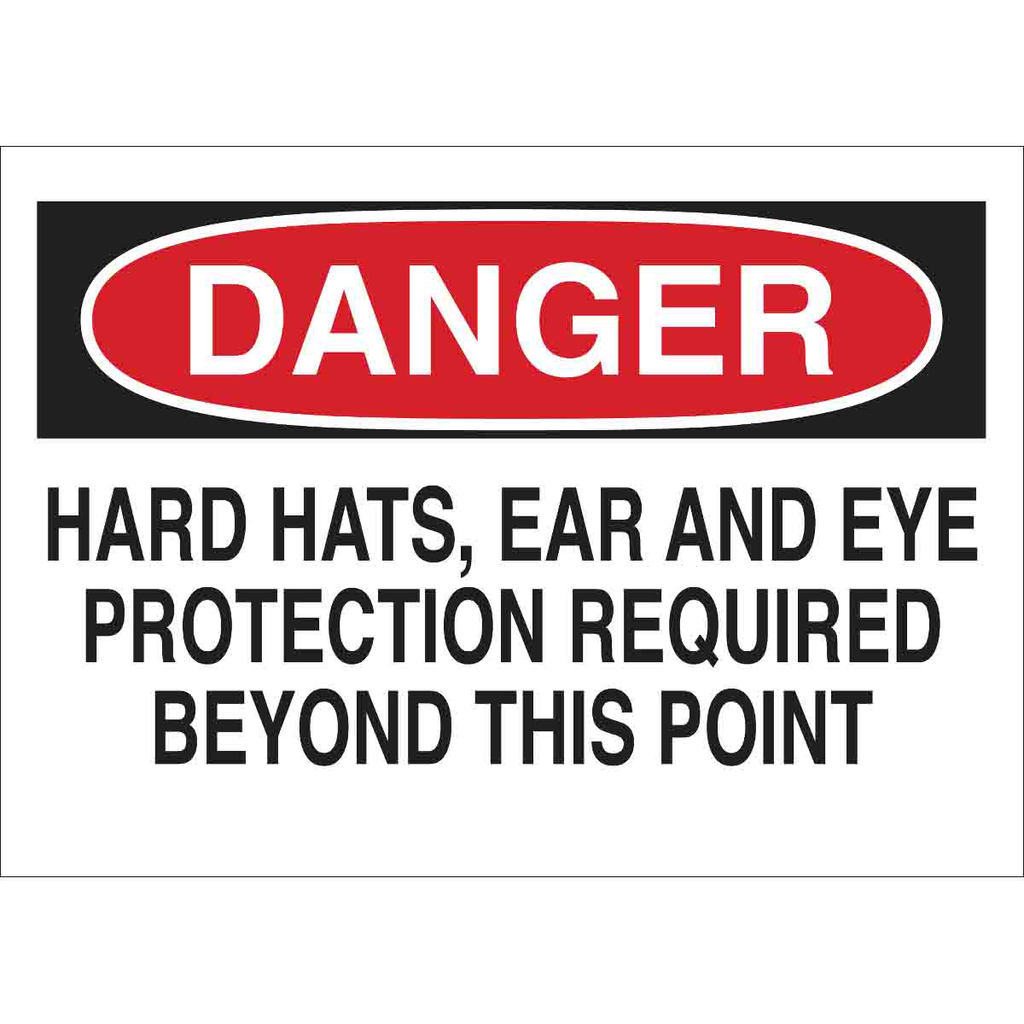 Product image for Brady 75980 DANGER Hard Hats, Ear And Eye Protection Required Beyond This Point Sign, 10" H x 14" W x 0.1" D, Fiberglass