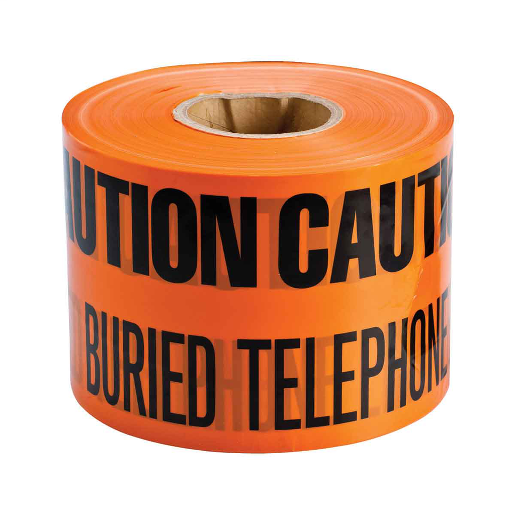 Product image for Brady 91297 Identoline Underground Tape Roll - Polyethylene, CAUTION BURIED TELEPHONE LINE BELOW, Black on Orange, 6" x 1000'