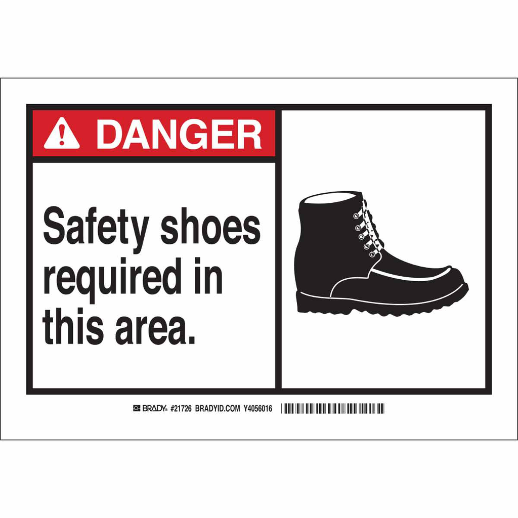 Product image for Brady 83678 DANGER Safety Shoes Required In This Area. Sign, 7" H x 10" W x 0.006" D, Polyester