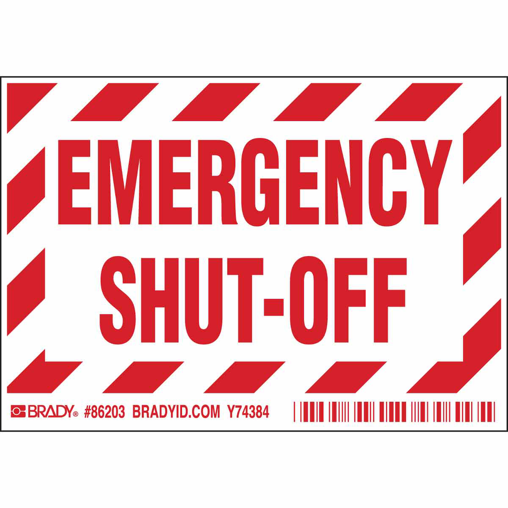 Product image for Brady 86203 EMERGENCY SHUT OFF Labels, 3.5" H x 5" W x 0.006" D, Red on White