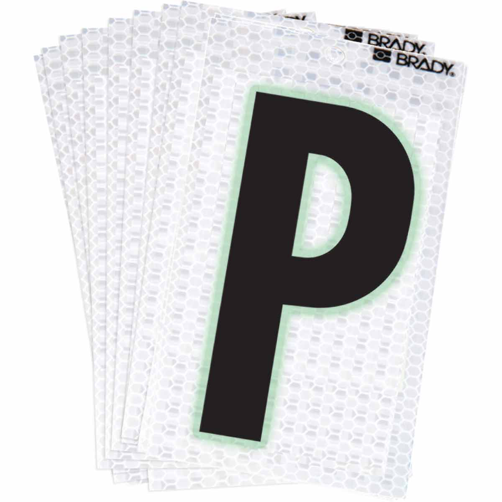 Product image for Brady 3000-P 3000 Series Glow in the Dark Number and Letter Labels, Black/Green Glow on Silver, Pack of 10 Labels, P