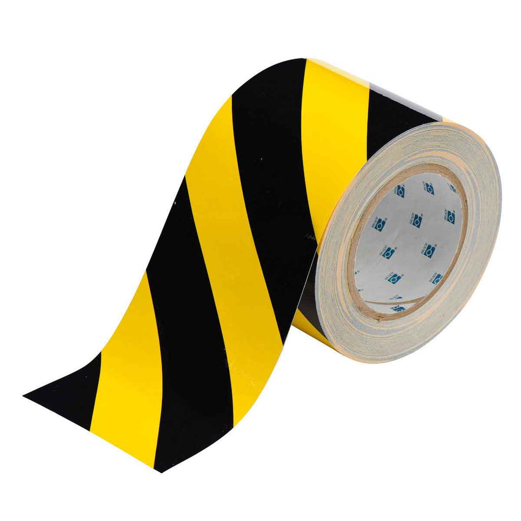 Product image for Brady 104377 ToughStripe® Floor Marking Tape Roll - Polyester, Diagonal Stripe®s, Black on Yellow, 4" x 100'