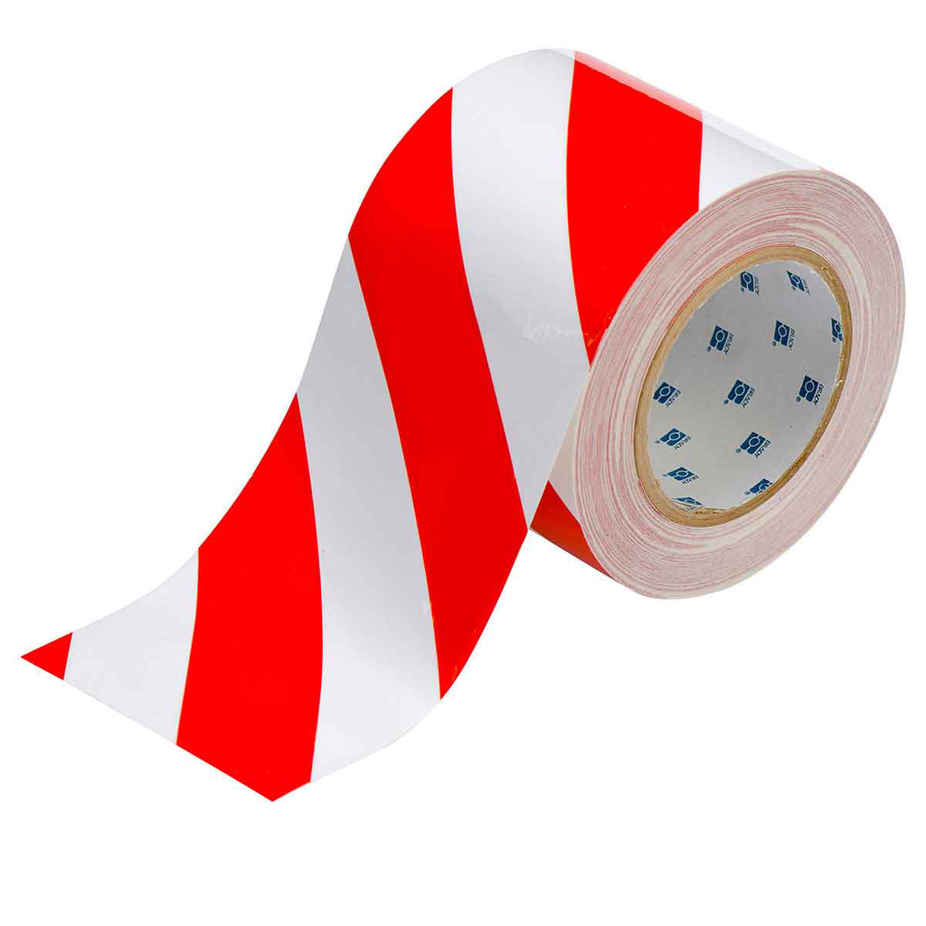 Product image for Brady 104378 ToughStripe® Floor Marking Tape Roll - Polyester, Diagonal Stripes, Red on White, 4" x 100'