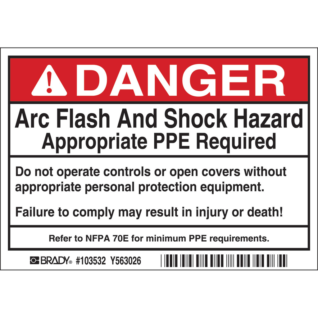 Product image for Brady 103532 Arc Flash Labels - Self-Sticking Polyester, 3.5" H x 5" W x 0.006" D, Display Packing, Pack of 5 Labels, Black/Red on White