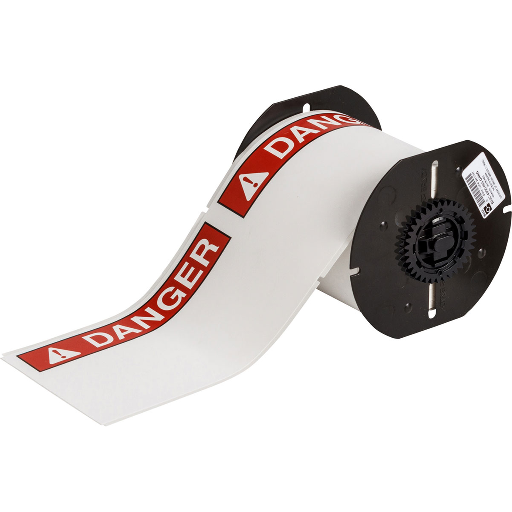 Product image for Brady B30-25-854-ANSIDA B30 Series ToughWash Metal Detectable Polyester Labels with Header, 4" H x 6.25" W, Roll of 100 Labels, Red on White