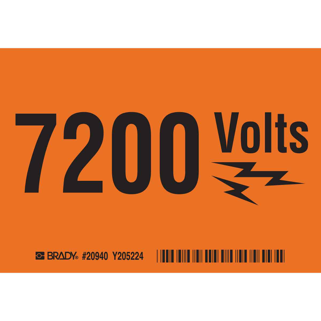 Product image for Brady 20940 7200 VOLTS Sign, 3.5" H x 5" W x 0.006" D, Black on Orange