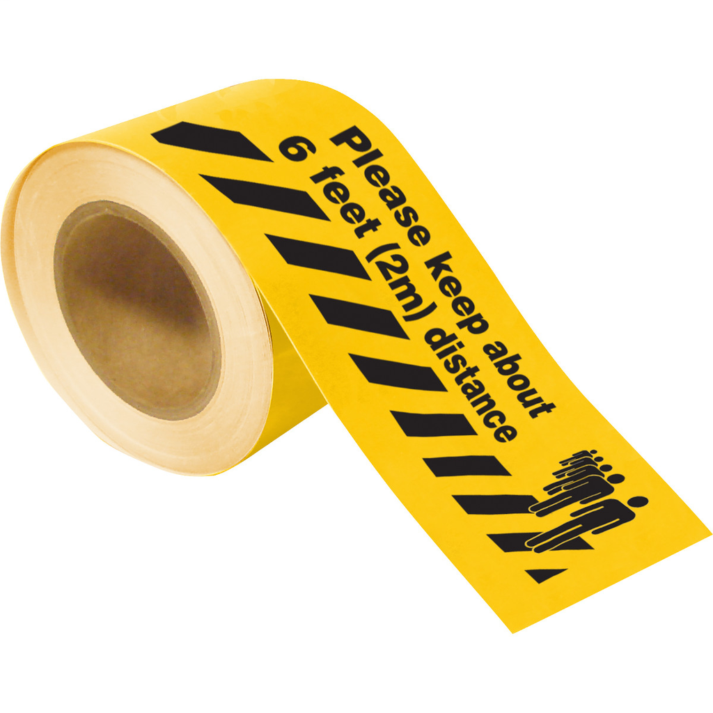 Product image for Brady 170216 'Please Keep About 6 feet (2m) Distance' Floor Marking Tape, 4"W x 100'L - Black on Yellow