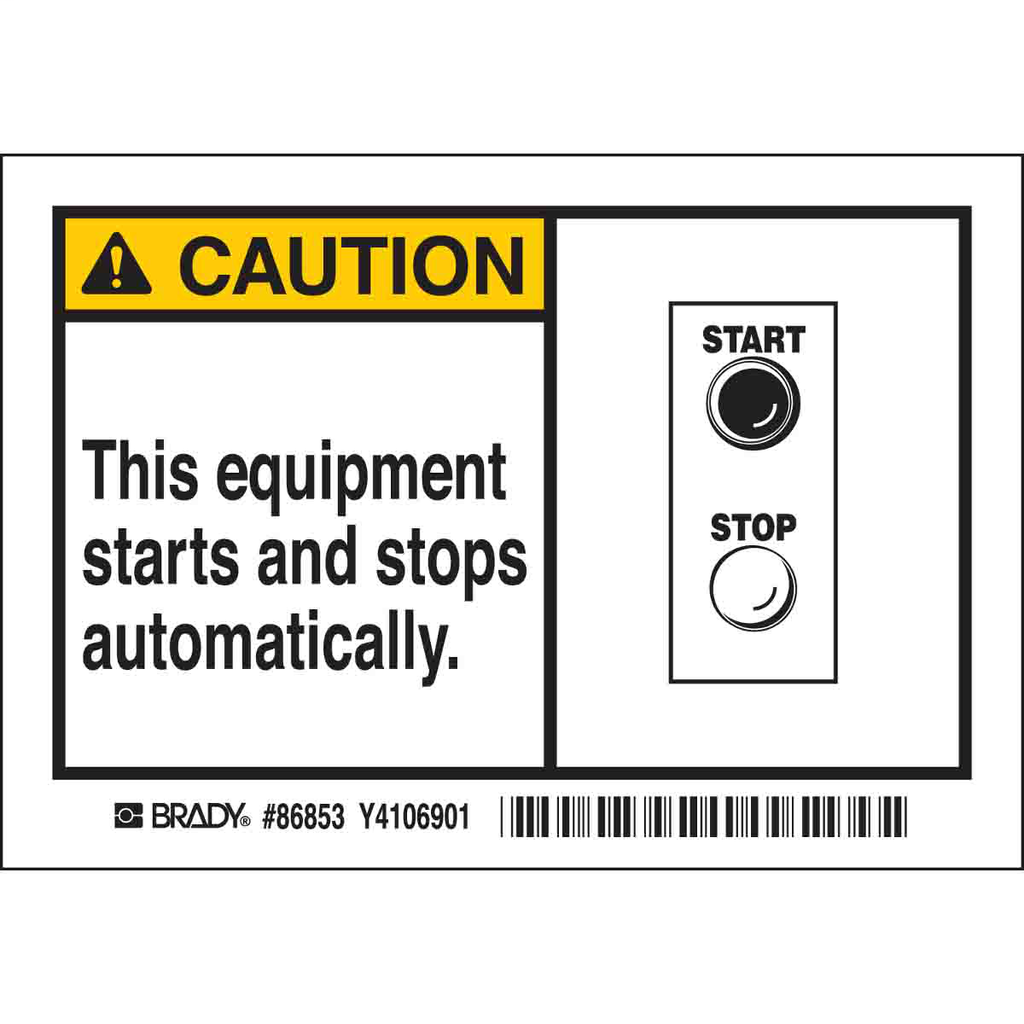 Product image for Brady 86853 CAUTION This equipment starts and stops automatically. Labels, 3.5" H x 5" W x 0.006" D, Black/Yellow on White
