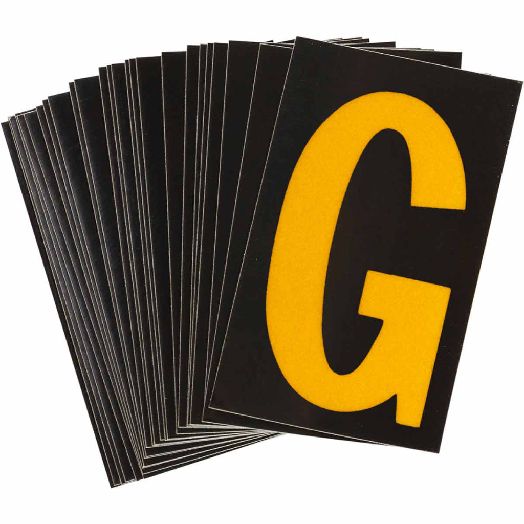 Product image for Brady 5000-G 5000 Series Reflective Number and Letter Labels, 2.875" H x 1.75" W, Pack of 25 Labels, Yellow on Black, G