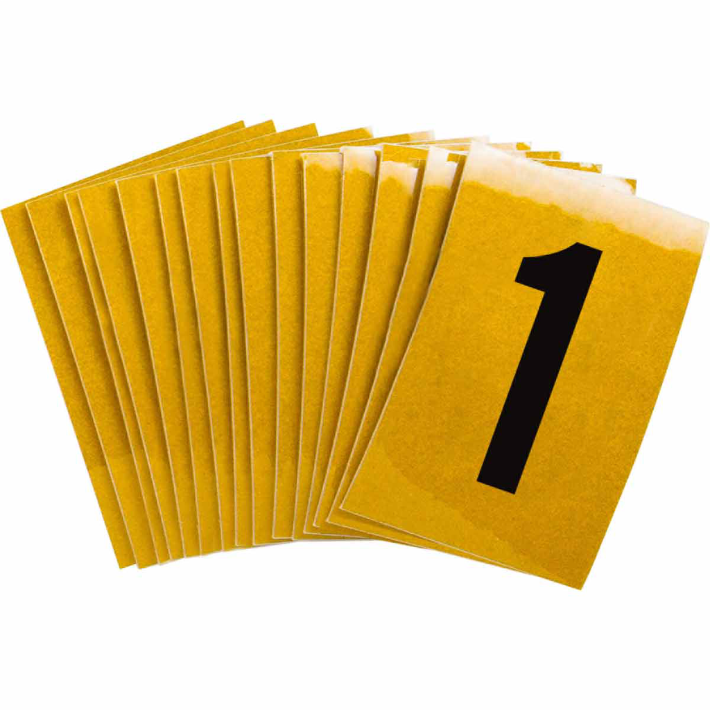 Product image for Brady 5920-1 5920 Reflective Number and Letter Labels, 1.5" H x 1" W, Pack of 25 Labels, Black on Yellow, 1