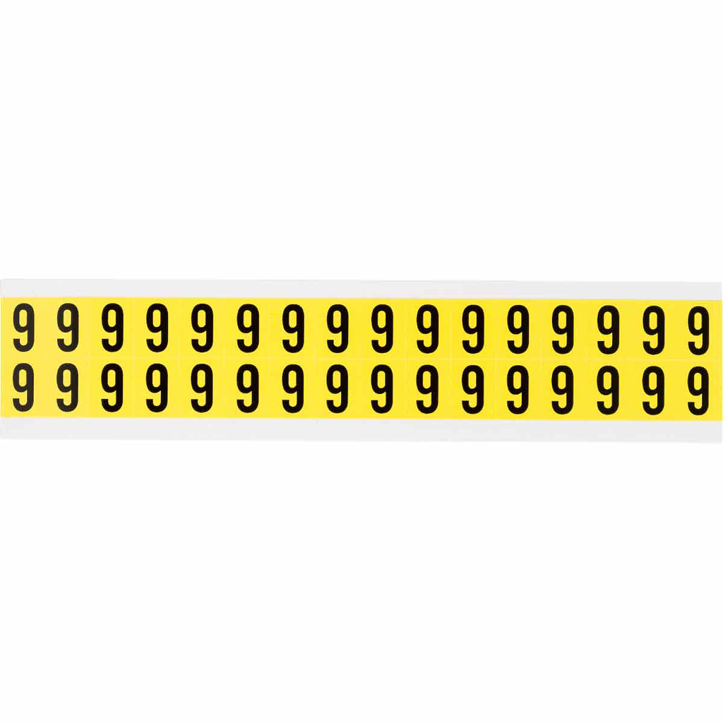 Product image for Brady 3420-9 Repositionable Vinyl 0.625 in Black on Yellow, Numbers 9 Card of 32 Labels