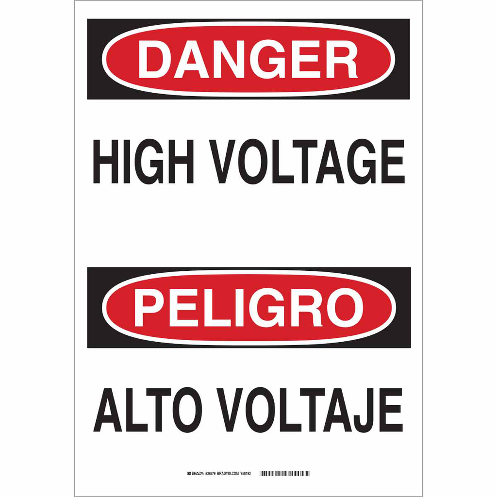 Product image for Brady 38679 Bilingual DANGER High Voltage Sign, 14" H x 10" W x 0.06" D, Polystyrene