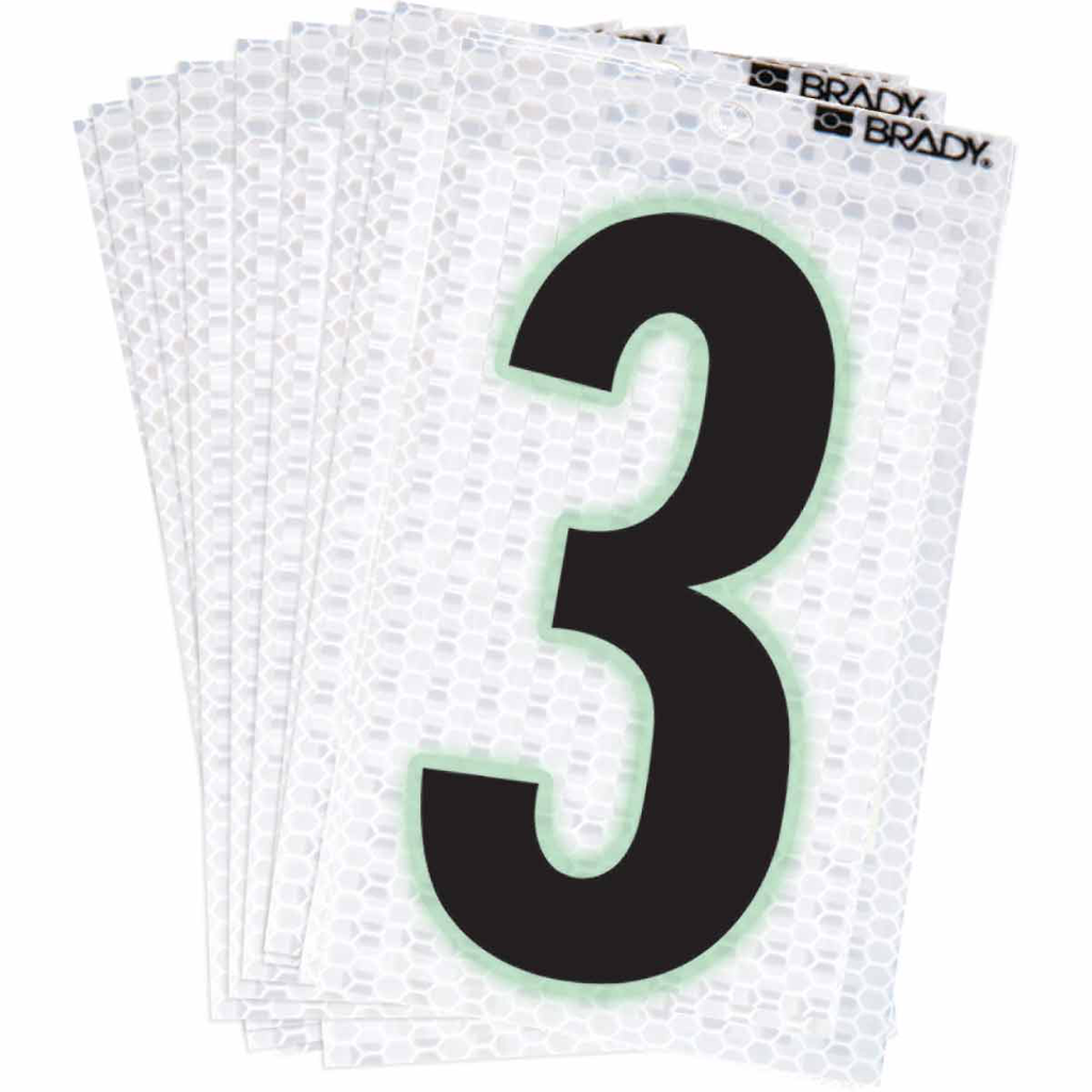 Product image for Brady 3000-3 3000 Series Glow in the Dark Number and Letter Labels, Black/Green Glow on Silver, Pack of 10 Labels, 3