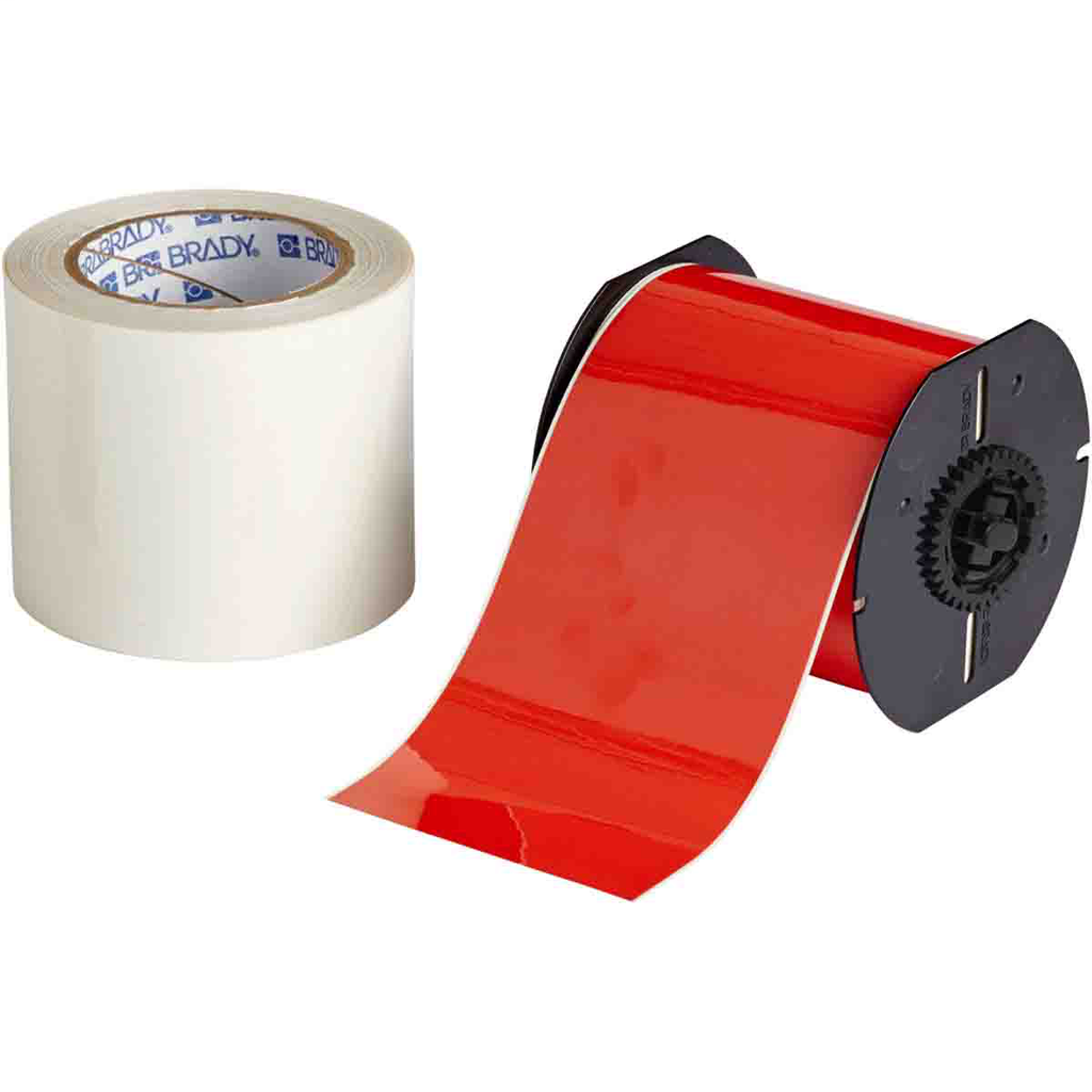 Product image for Brady B30C-4000-483RD-KT B30 Series ToughStripe Polyester Labels, 4" W x 100' L, Kit of 2 Rolls, Red