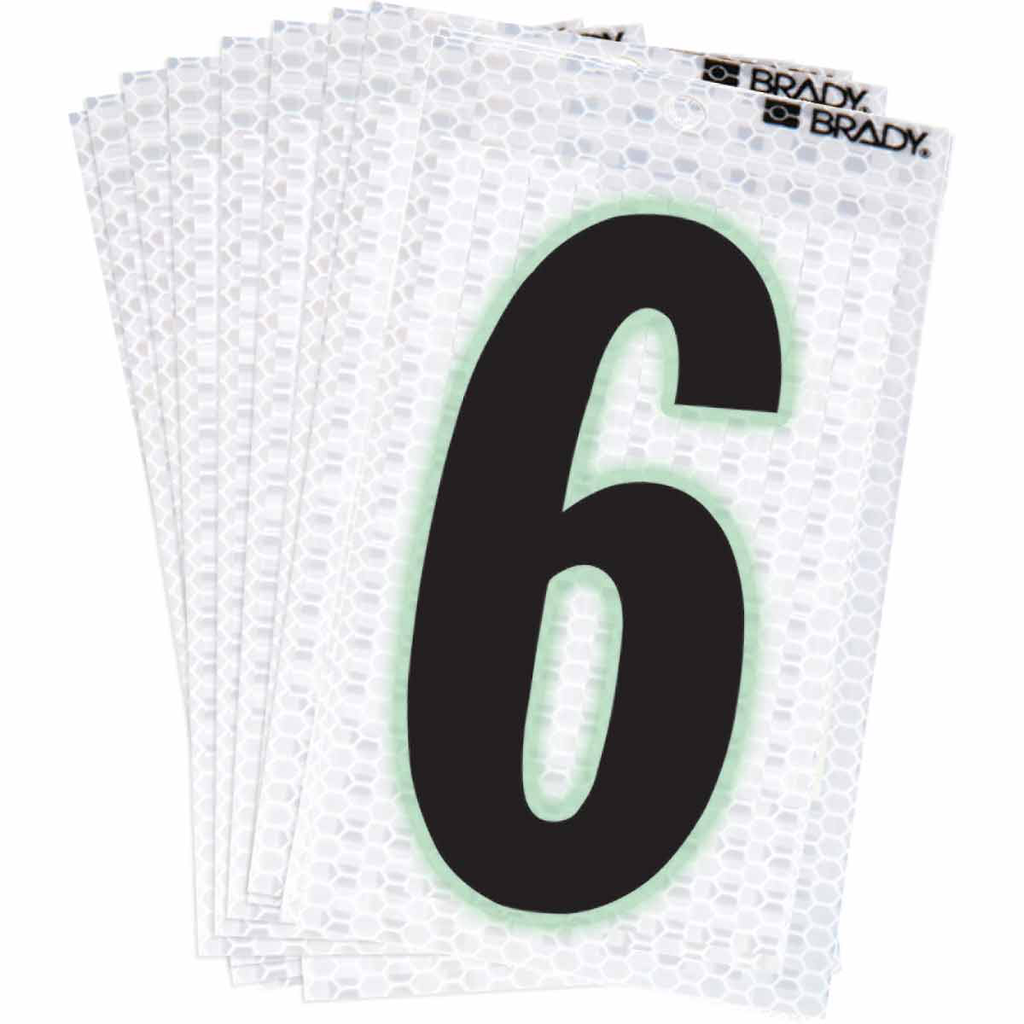 Product image for Brady 3000-6 3000 Series Glow in the Dark Number and Letter Labels, Black/Green Glow on Silver, Pack of 10 Labels, 6