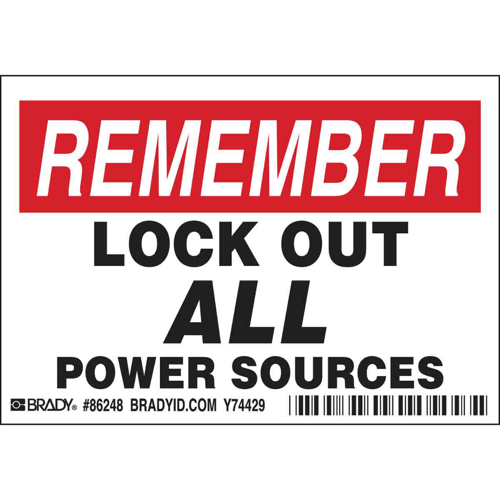 Product image for Brady 86248 REMEMBER LOCK OUT ALL POWER SOURCES Labels, 3.5" H x 5" W x 0.006" D, Black/Red on White