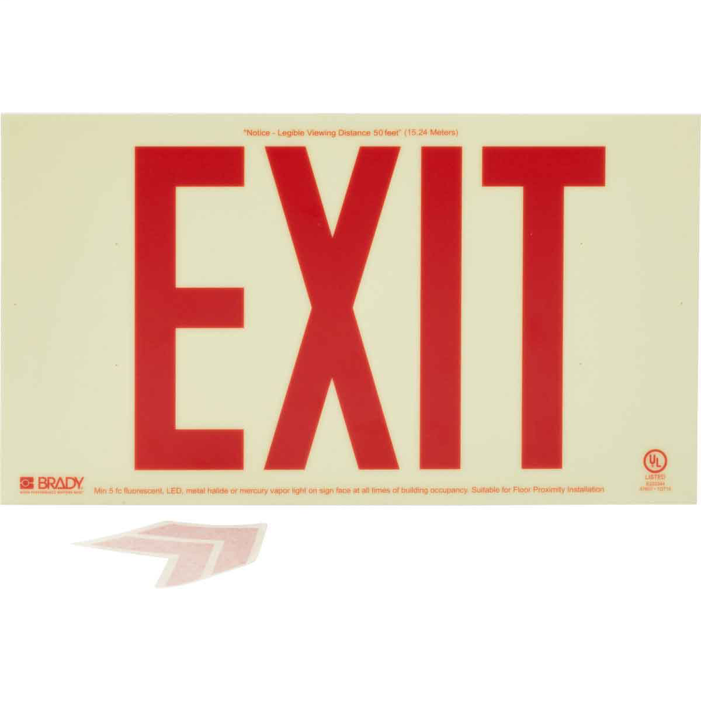 Product image for Brady 87807B BradyGlo Exit Sign, 8.5" H x 15" W x 0.063" D, Red on Glow