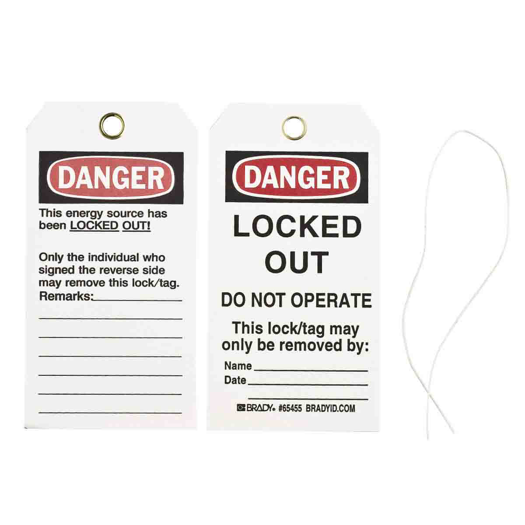 Product image for Brady 65455 Lockout Tags: DANGER: LOCKED OUT DO NOT OPERATE This lock/tag may only be removed by: Name: Date:, w/String